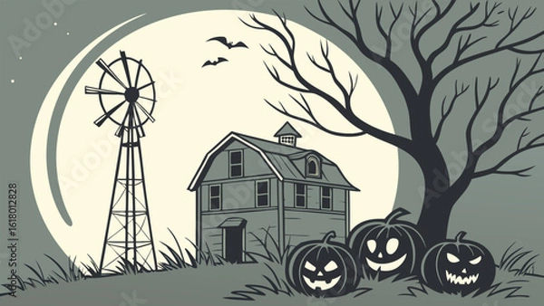 Fototapeta Illustration of a spooky halloween scene with a barn, pumpkins, windmill and bats under a full moon