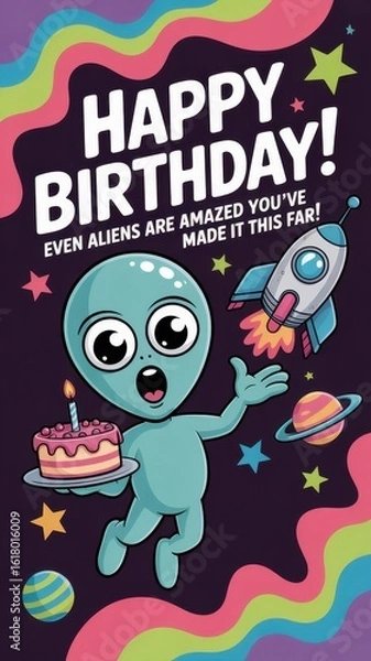 Fototapeta Funny birthday card featuring a cheerful alien celebrating with cake and a rocket ship in a colorful cosmic design for a special occasion. 3I/ATLAS