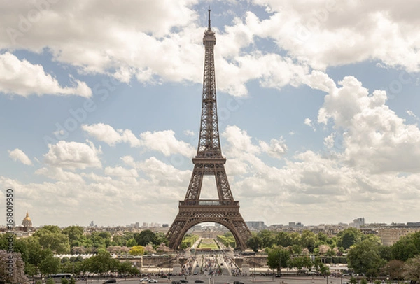 Obraz Scenery Eiffel Tower view with sky and clouds background from Trocadero view point. Travel destinations in Paris, use it as your Wallpaper, Poster and Space for text, Selective focus.