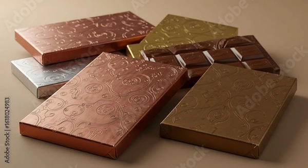 Fototapeta An indulgent assortment of gourmet dark chocolate bars in luxurious, elegant packaging with patterned metallic foil.