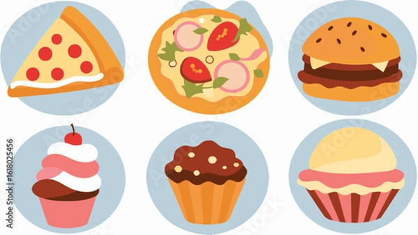 Obraz Illustration of various food items including pizza burger and cupcakes arranged on light blue circles