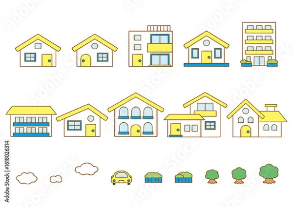 Fototapeta Illustrations of various shaped houses_line drawings
