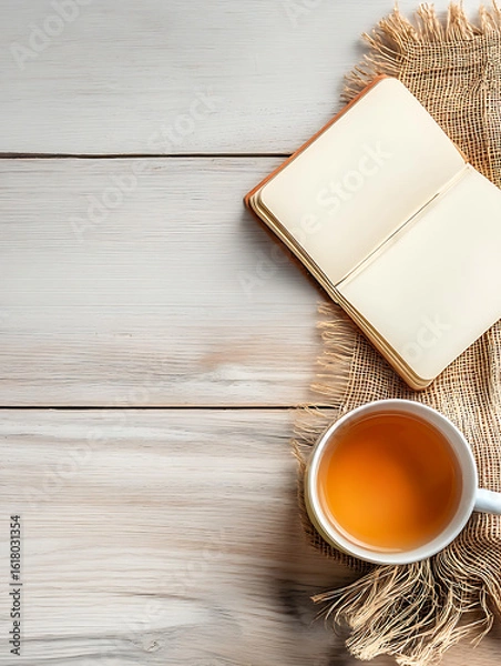 Fototapeta Cozy Tea Break with Open Notebook and Warm Beverage on Rustic Table