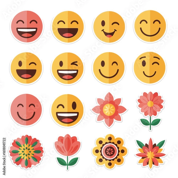 Fototapeta Set of retro 70s style groovy icons featuring smiling daisy flowers and colorful heart shapes for a positive vibe