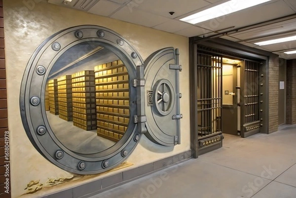 Fototapeta Massive vintage bank vault door illusionistically painted open revealing rows of golden safety deposit boxes inside