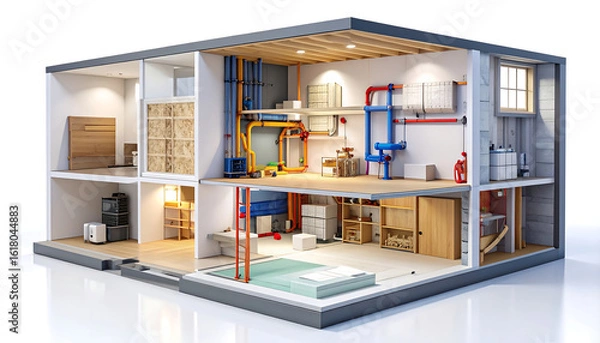 Fototapeta Detailed cross-section of a modern house showcasing HVAC systems, plumbing, and interior design elements.