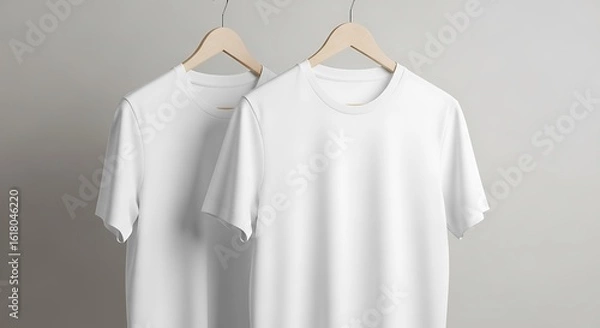Fototapeta Two Pristine White T-Shirts on Wooden Hangers, Ideal Blank Apparel Mockup Display