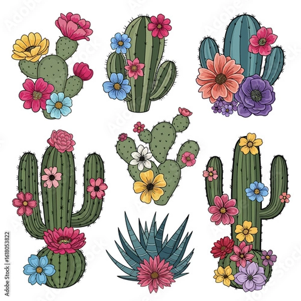 Fototapeta A vibrant collection of hand-drawn desert cacti and succulent illustrations, each adorned with colorful blooming flowers