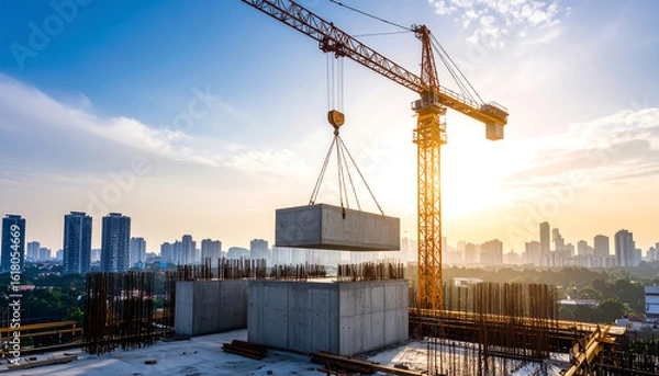 Fototapeta Construction crane lifting a concrete block at a building site, with a cityscape skyline visible in the background under a bright, sunny sky.