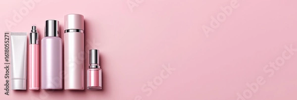 Fototapeta Cosmetic bottles and skincare tubes for beauty website banner, 3:1 header image in pastel pink with soft shadows and clear copy space on right for product promotion or blog layout
