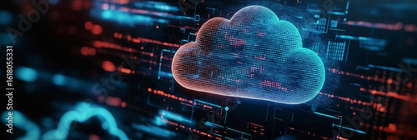 Fototapeta Digital cloud with floating data matrix for technology website banner, 3:1 header image in dark neon tones with copy space on right, ideal for blog, SaaS, or cybersecurity landing page