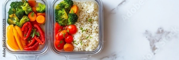 Fototapeta Healthy meal prep containers with rice and vegetables for food blog banner, overhead 3:1 layout with white marble background, soft lighting, copy space on right for digital content