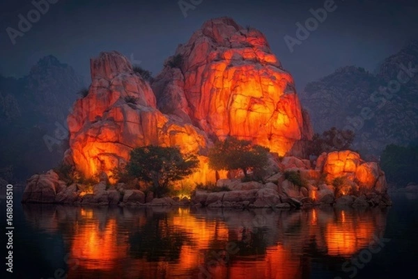 Fototapeta Illuminated rocky island at twilight