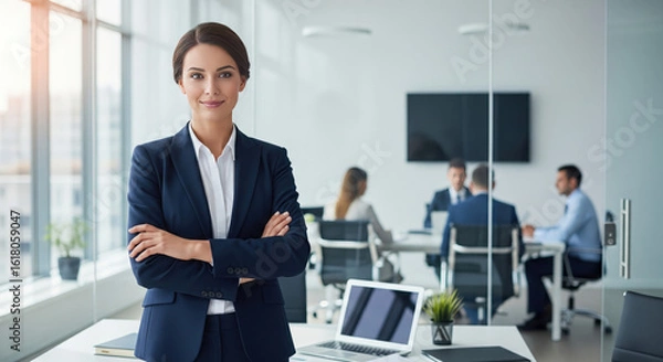 Fototapeta Confident businesswoman in office suit with arms crossed, standing in corporate environment