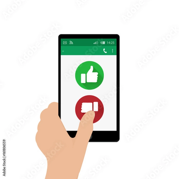 Fototapeta Left hand holding mobile phone and pressing No button. Vector illustration. App window. Green and red thumbs up and down buttons. Feedback emoji icon vector illustration.
