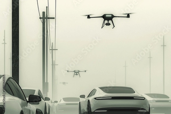 Fototapeta Drones monitoring traffic on a foggy road with autonomous cars. Concept of smart city, future transportation, surveillance.