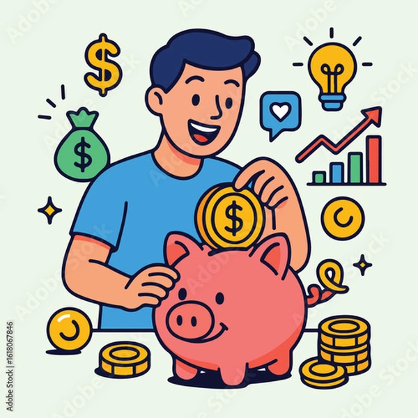 Fototapeta a person happily saving money into a piggy bank.eps