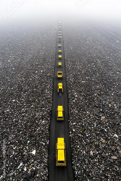 Fototapeta Aerial view of yellow landfill compactors on a road amidst garbage. Concept of waste management, pollution, environmental issues.