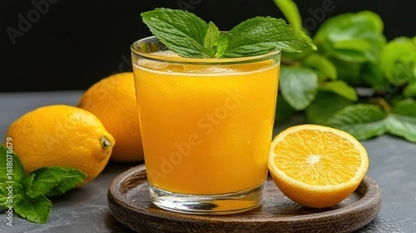 Fototapeta  Orange juice in a glass with mint garn