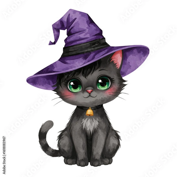 Fototapeta Whimsical feline sorceress with charming green eyes, radiating Halloween magic on transparency