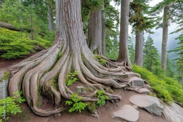 Obraz Massive tree roots spread across a forest trail