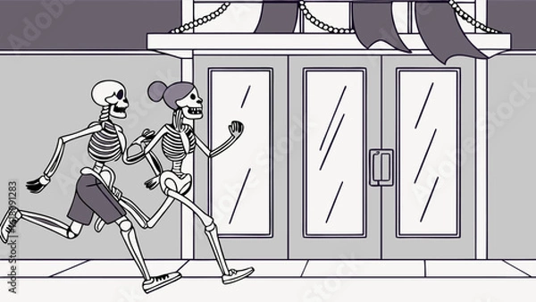 Obraz Two skeletons running past a building with doors and decorative awning in a grayscale illustration