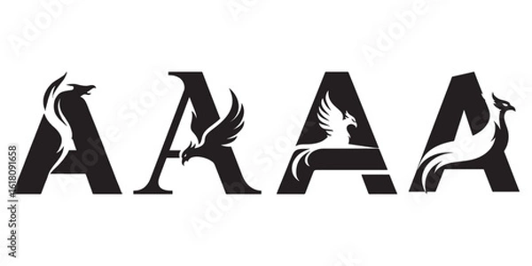 Fototapeta Four Black and White Phoenix Bird Logos Incorporated into Letter A Design, Stylized Bird and Initial Logos for Branding and Corporate Identity