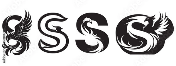 Fototapeta A set of stylized phoenix logos in the shape of the letter S, Black and white phoenix logo designs with an S motif