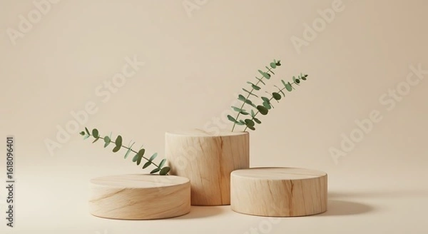Fototapeta A serene wooden podium stage for showcasing beauty products, featuring minimalist cylinders and eucalyptus on a soft beige background