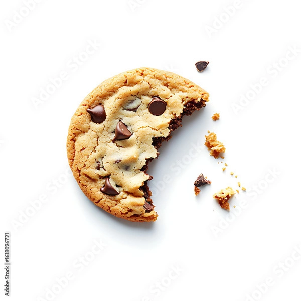 Fototapeta Partially Eaten Chocolate Chip Cookie with Crumbs on White Background