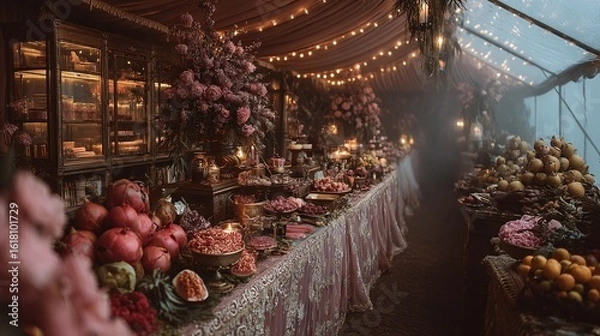 Fototapeta Elegant Festive Table Display with Fruits and Floral Arrangements