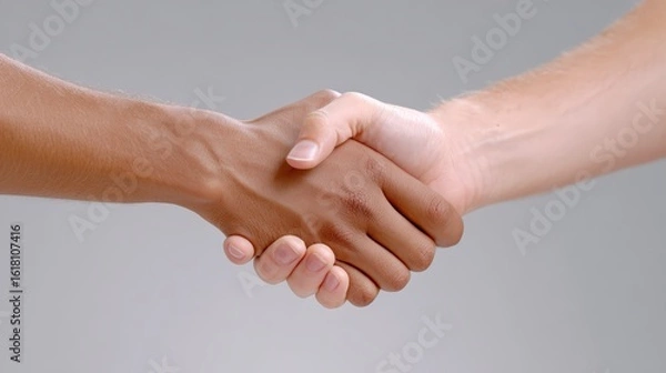 Fototapeta Trade negotiation, free trade agreement, Two hands of different skin tones shaking, symbolizing unity, cooperation, and diversity against a neutral background.