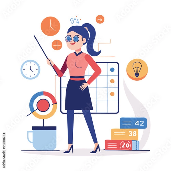 Fototapeta Confident Lady Boss Analyzing and Forecasting Next Quarter Goals with Strategic Planning, Business Growth, Leadership, and Success Vector Illustration for Corporate and Finance Use