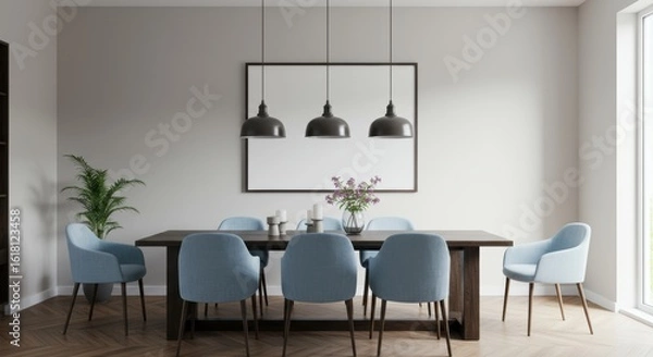 Fototapeta Elegant dining area showcases modern furniture light blue seating wooden table and minimalist aesthetic for a refined living space