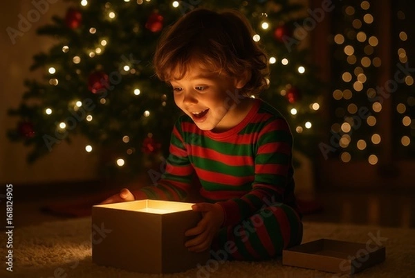 Fototapeta Child in Christmas Pajamas Glowing with Gift Box Wonder. AI Generative.