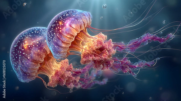 Fototapeta Pink and blue glowing jellyfish in a dark background, ethereal effect, HD realistic