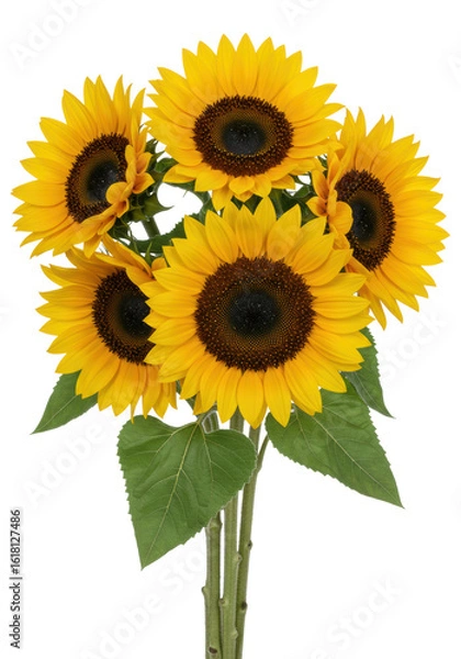 Fototapeta A vibrant bouquet of large sunflowers with bright yellow petals and dark brown centers, lush green leaves, and sturdy stems, densely arranged against a pristine plain white background, 3/4