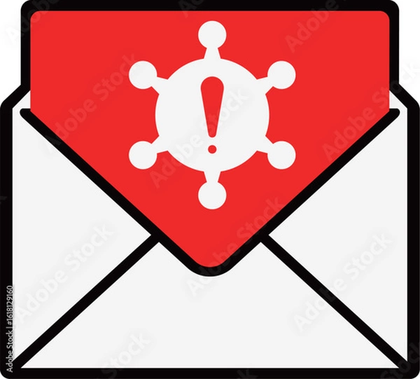 Obraz ウイルスやスパム警告、注意マークを示すメールアイコンのベクターイラスト。サイバー攻撃や情報漏洩、フィッシング詐欺の注意喚起に適したグラフィック素材