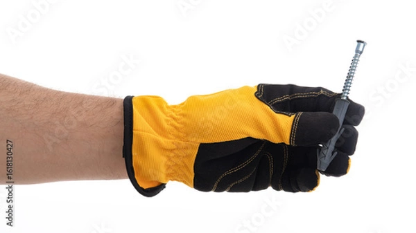 Obraz Hand holding a screw with work gloves on display
