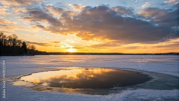 Fototapeta Vibrant sunset reflecting on frozen lake with dramatic clouds