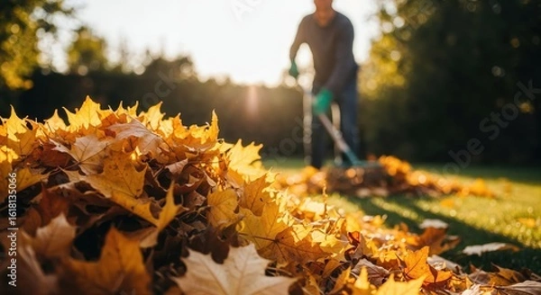 Fototapeta Close-up of autumn leaves in garden with person raking in background during sunny fall afternoon.