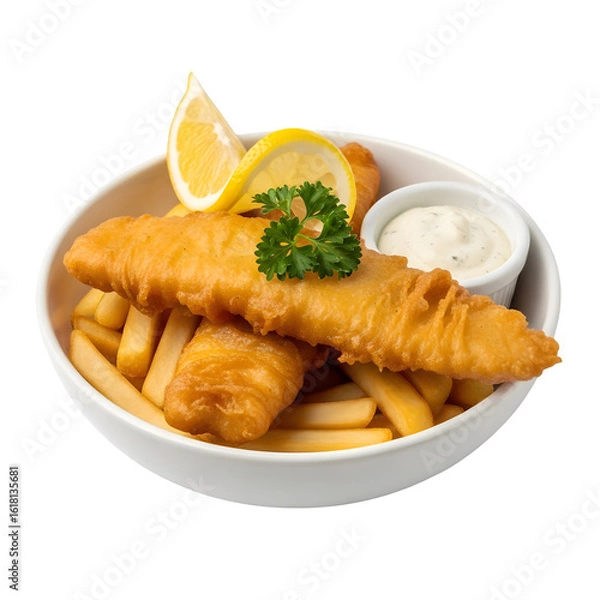 Fototapeta Crispy golden fish and chips served with tartar sauce and lemon wedges, a classic comfort food delight.