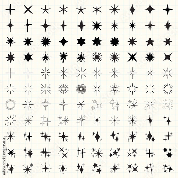 Fototapeta Collection of star and sparkle icons. Various star designs, sparkle shapes, and twinkling symbols. Perfect for design projects needing star or sparkle elements. Element vector set.