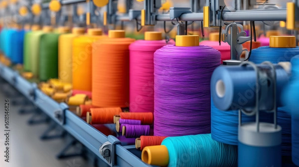 Fototapeta Vibrant Spools of Thread on Industrial Sewing Machine Displaying a Rainbow of Colors in Textile Workshop Environment