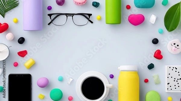 Obraz Pastel Colorful Flatlay with Kawaii Icons and Repeating Pattern