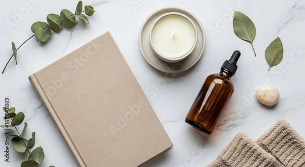 Fototapeta Serene Spa Flatlay Book Candle Essential Oil Eucalyptus and Towel on Marble