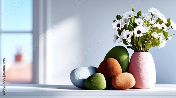 Obraz Pastel Easter Eggs and Daisies in Pink Vase