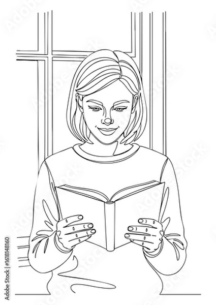 Fototapeta A young woman is happily reading a book, standing by a window.