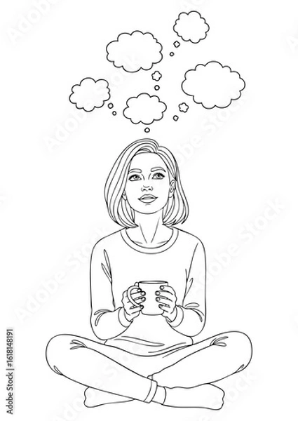 Fototapeta A young woman sits cross-legged, holding a mug, and looking upwards with thought bubbles above her head, indicating contemplation or ideas.