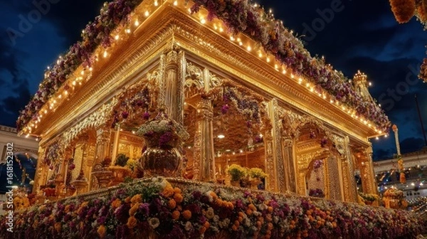 Obraz Golden Temple Adorned with Flowers at Night
